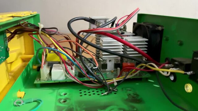 Side view of an open green electronic device chassis showcasing complex internal wiring, circuit boards, and heatsinks.