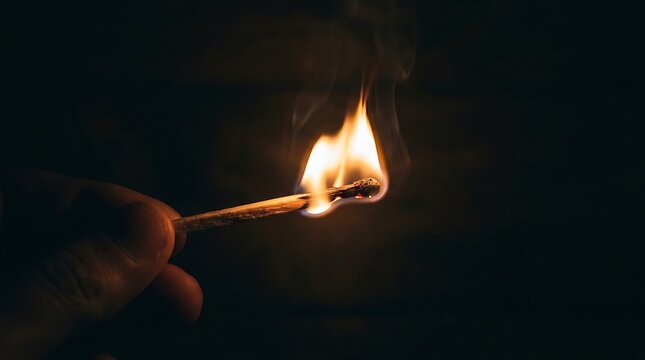 Close up of a lit match in darkness.