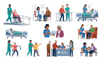 Fototapeta premium Senior Healthcare and Social Worker Care Flat Vector Collection Hospital Rehabilitation and Nursing Support