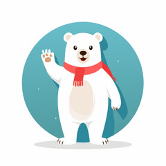 Fototapeta premium Cute cartoon polar bear waving hello with a red scarf