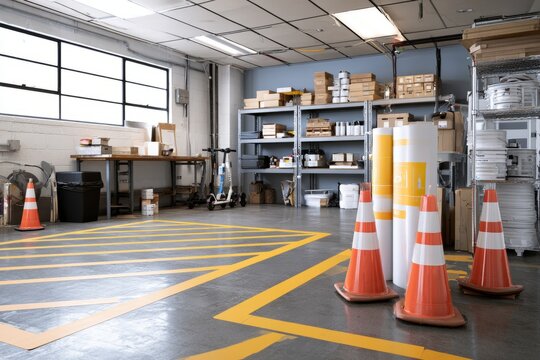 Urban mobility storage room with scooter corral and safety cones