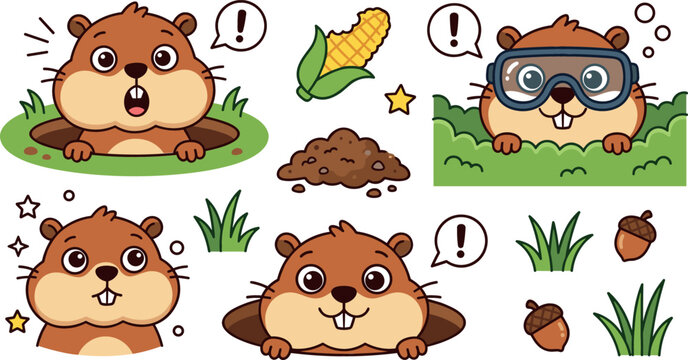 Cute Groundhog and Gopher Character Clipart Set Peeking from Holes with Corn, Acorns, and Garden Elements for Kids Groundhog Day Designs
