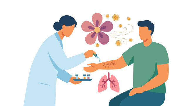 Professional Female Doctor Performing Allergy Skin Prick Test on Patient Forearm Flat Vector Illustration
