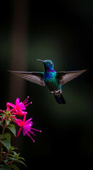 Naklejka premium Iridescent hummingbird in flight near bright fuchsia flowers, a symbol of nature's delicate beauty and swift motion, perfect for wildlife themes