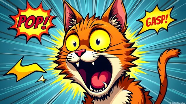 A cartoon cat with a shocked expression and comic book speech bubbles