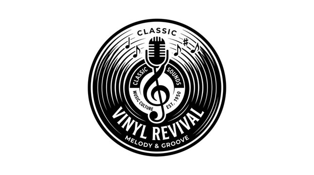 Retro Vinyl Revival Music Logo with Microphone and Notes