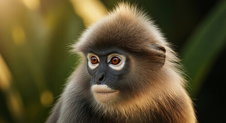 Naklejka premium Close-up of a Dusky Leaf Monkey's face with striking orange eyes and detailed fur texture, symbolizing wild nature and unique primate beauty, ideal for wildlife or naturalistic themes