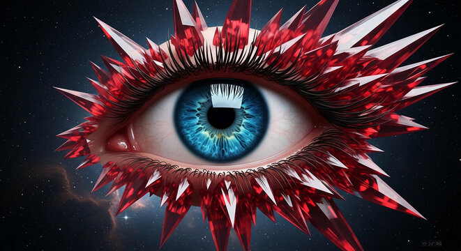 Close-up of a striking human eye with a brilliant blue iris, surrounded by sharp, faceted red crystal shards against a starry night sky, symbolizing vision, protection, and cosmic wonder