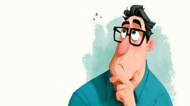 Thoughtful Cartoon Professional Gently Touching Chin with Pondering Expression