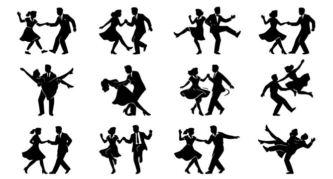 Swing Dance Couple Silhouettes Set Retro Partner Dancing Poses Black Vector Collection Isolated on White