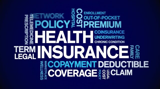 Health insurance animated word cloud-text design animation tag kinetic typography seamless loop.