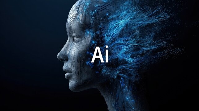 Futuristic AI Head Sculpture with Glowing Blue Neural Network Exploding From the Brain