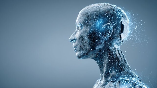 Futuristic Humanoid AI Head with Glowing Digital Particles Representing Intelligence and Innovation