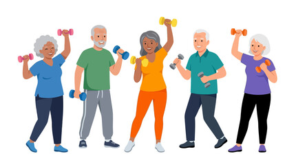 Obraz premium Active diverse group of seniors exercising with colorful dumbbells for healthy aging flat vector illustration