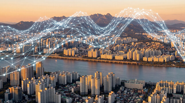 Smart City Digital Network AI Seoul Skyline Han River Bukhansan Mountain  Golden Hour Aerial Technology Concept South Korea