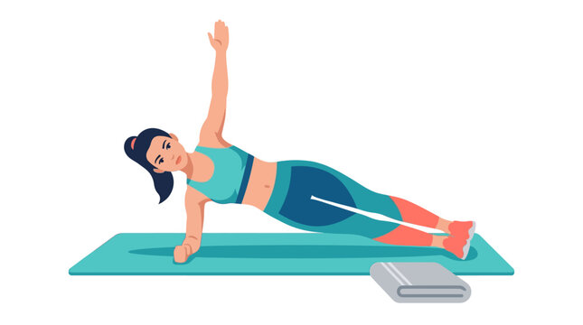 Active woman performing side plank exercise on yoga mat for core strength and wellness flat design vector illustration.