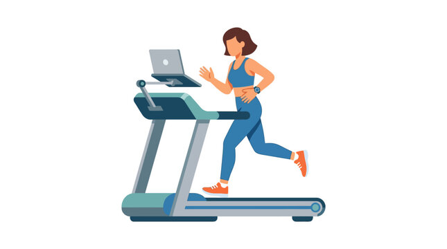 Active woman jogging on treadmill while using laptop for multitasking workout flat design vector illustration.