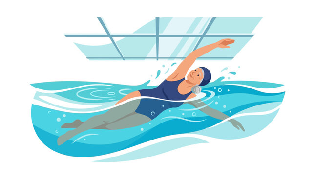Active senior woman swimming freestyle laps in indoor pool for healthy lifestyle flat vector illustration.