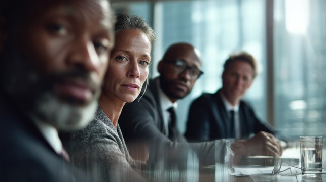 Diverse business professionals in a modern boardroom, engaged in a serious discussion during a meeting