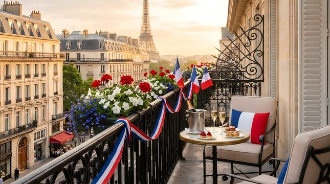 Chic Parisian balcony boasts an iconic Eiffel Tower view, festively decorated with French flags and vibrant flowers, ideal for a refined celebration