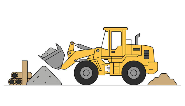 Yellow wheel loader heavy machinery equipment scooping dirt and gravel at construction site for infrastructure development and industrial project.