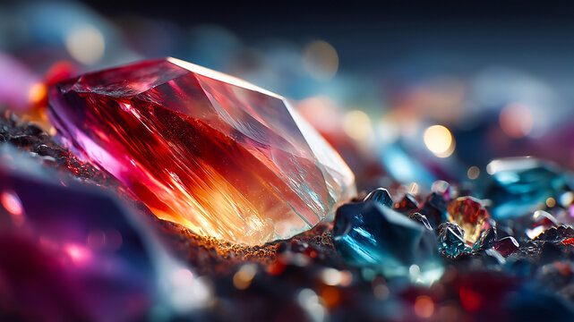 Glimmering Gems: A close-up macro shot showcases a vibrant collection of sparkling gemstones, with a prominent multifaceted crystal in fiery red and warm orange hues.