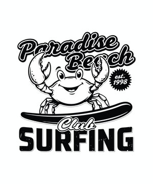 Surfing crab logo with Paradise Beach text