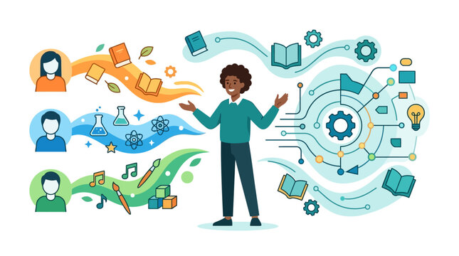 Black male teacher managing personalized student learning paths using digital AI assistant flat vector illustration.