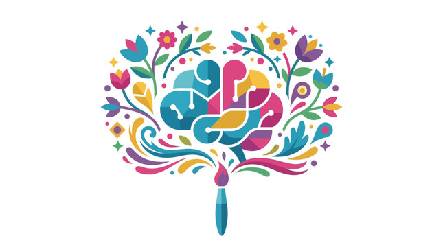 Colorful AI brain with paintbrush creating floral patterns for generative art flat design vector illustration