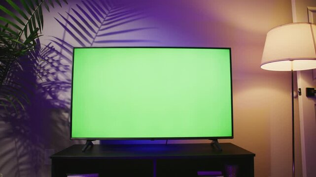 A contemporary plasma TV stands in a cozy living room, displaying a bright green screen. This modern setup is perfect for advertising or creating a unique media backdrop at any time