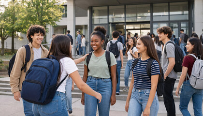 Obraz premium Group of Happy Diverse College Students Greeting Each Other Outside Campus Building, Back to University Concept