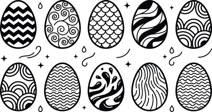 Easter egg line icon set with decorative geometric pattern ornament and spring holiday element isolated on white background