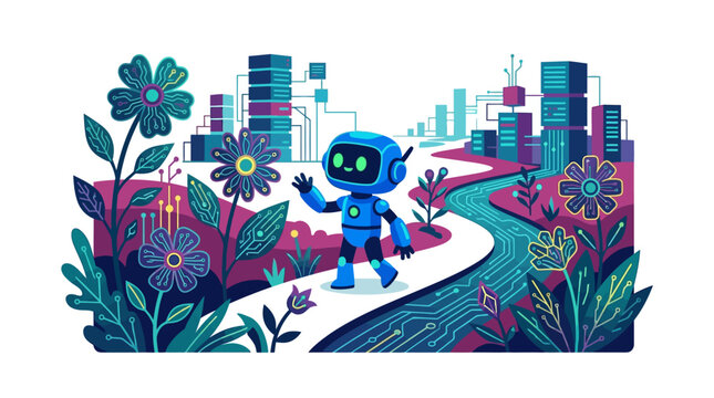 Cute blue AI robot assistant walking through a digital cyber garden exploring futuristic landscape flat vector illustration