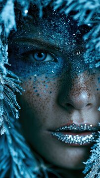 Extreme macro portrait, ice queen aesthetic, lips encrusted with shiny silver gems, cool blue magical lighting, frosty snow-covered pine branches surrounding the beautiful face, highly detailed