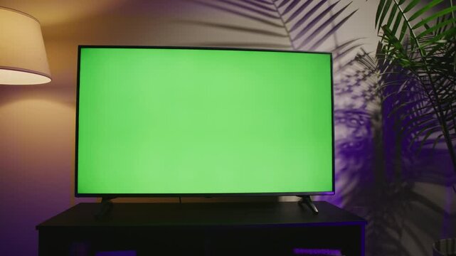 Charming living room featuring a sleek plasma TV with a vibrant green screen, perfect for customization. Enjoy the cozy ambiance while watching movies or streaming content