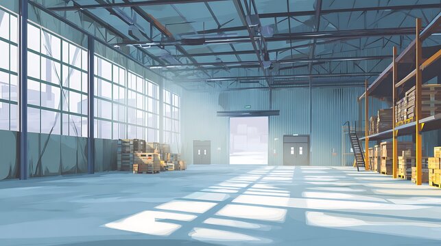 Spacious empty warehouse interior with large windows and industrial storage shelving.