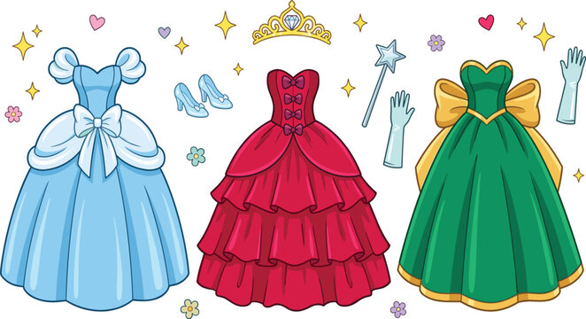 Princess Ball Gown Dress and Fairy Tale Costume Icon Set with Tiara, Magic Wand, Glass Slippers, and Long Evening Gloves Vector Illustration