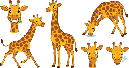 Obraz premium Cute Cartoon Giraffe Character Set in Various Poses and Expressions Featuring Running, Standing, Drinking Water, and Emotional Faces Vector Illustration