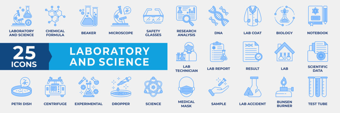 Laboratory and Science icon set. Containing laboratory, science, chemical, biology, microscope, analysis, lab, research, formula, dna and goggles. Simple Blue Vector Illustration.