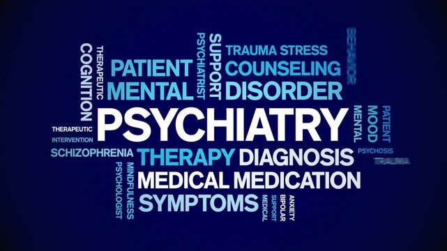 Psychiatry animated word cloud-text design animation tag kinetic typography seamless loop.
