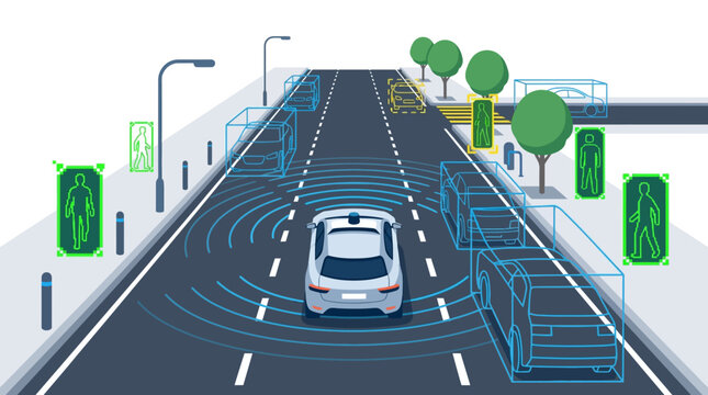 Autonomous self-driving car detecting pedestrians and traffic using lidar sensors on city road flat design vector illustration.