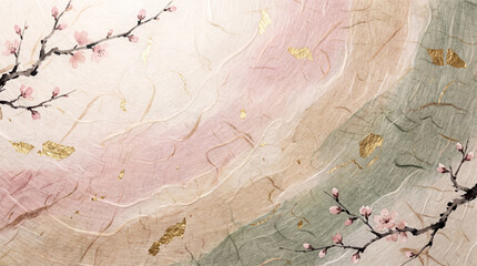 Fototapeta premium Japanese cherry blossom watercolor paper texture background with gold foil accents and pastel washi design for elegant banner, invitation and wallpaper use
