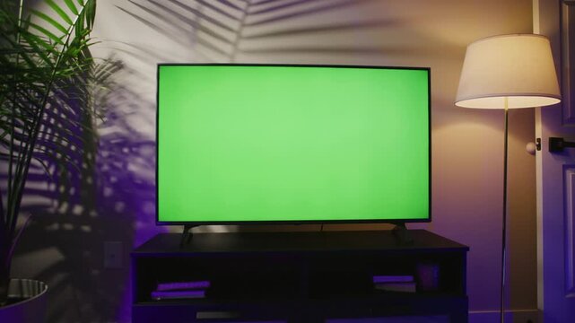 A stylish living room features a modern plasma TV displaying a vibrant green screen. This blank canvas sets the stage for captivating visuals and ads, inviting creativity and imagination