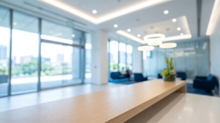 Fototapeta premium Blurred modern office lobby with reception desk and seating area