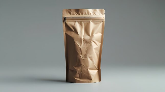 Stand up brown kraft paper pouch bag mockup with zipper isolated on light gray background, eco friendly food packaging
