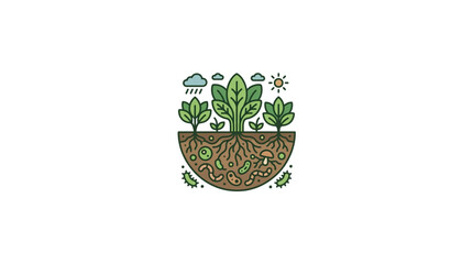 Illustration of plant growth cycle with roots and weather elements. © Wannaki
