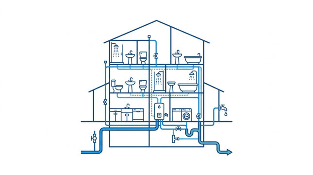 Diagram of a house plumbing system showing water supply and drainage.