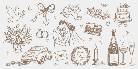 Fototapeta na wymiar Wedding Celebration Doodle Set Hand Drawn Vector Illustration