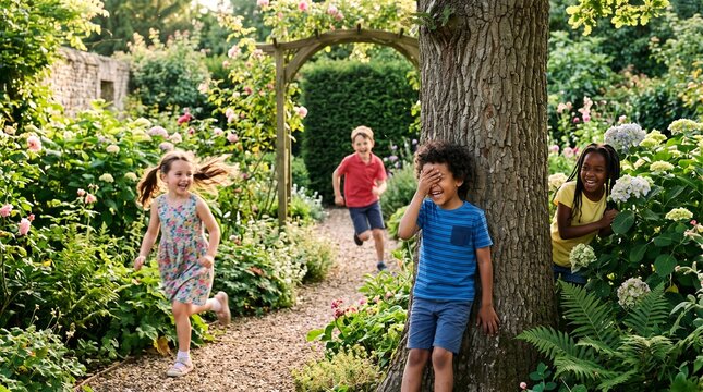 Children playing hide and seek in garden