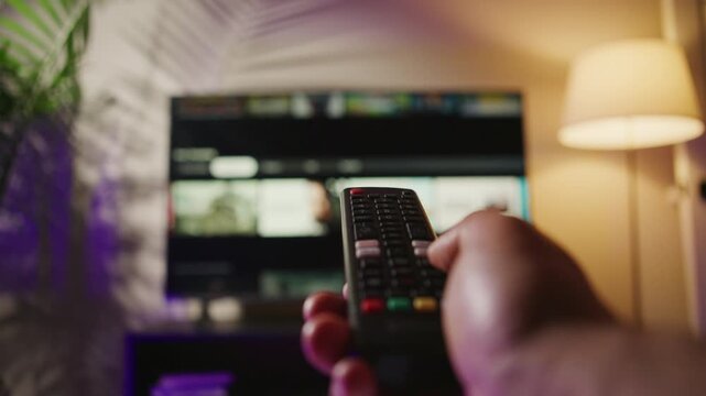 A man is holding a remote control as he seamlessly switches channels on his smart TV. The cozy living room setting enhances the relaxing experience of watching quality content